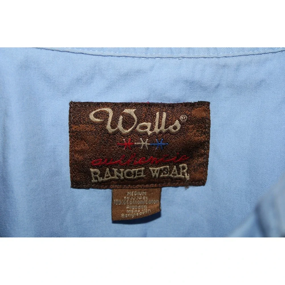 Walls Authentic Ranch Wear Mens Western Snap Shirt Light Blue Cotton Medium